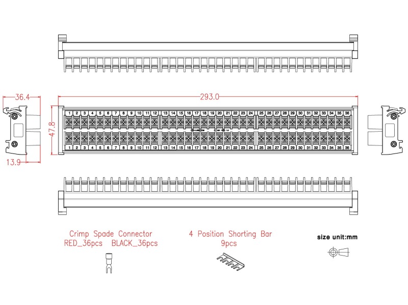 DIN Rail Mount 20Amp 2x36 Position Barrier Terminal Block Module