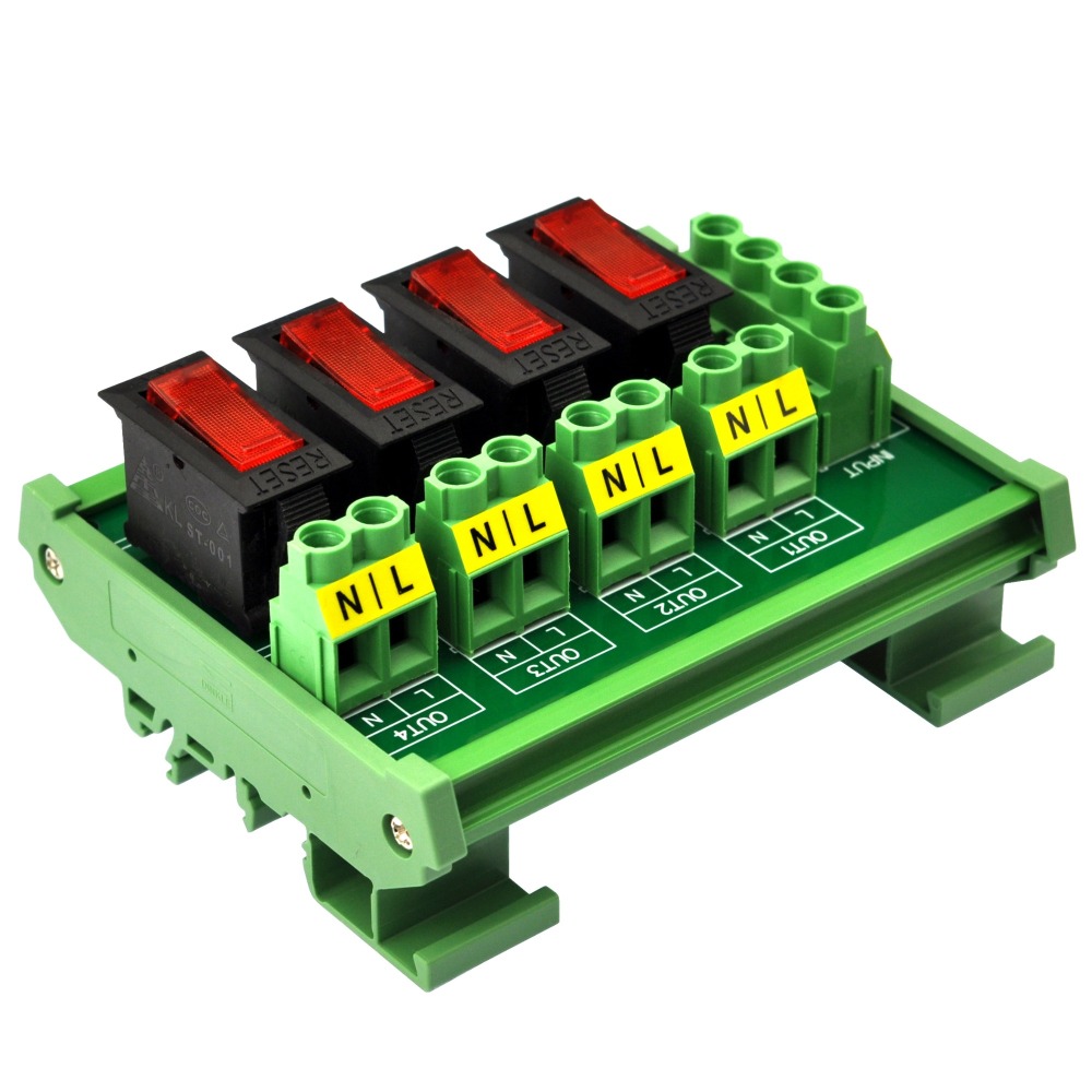 Rocker Switch Thermal Circuit Breaker Overload Protector 4 Channel Power Distribution Module DIN Rail Mount