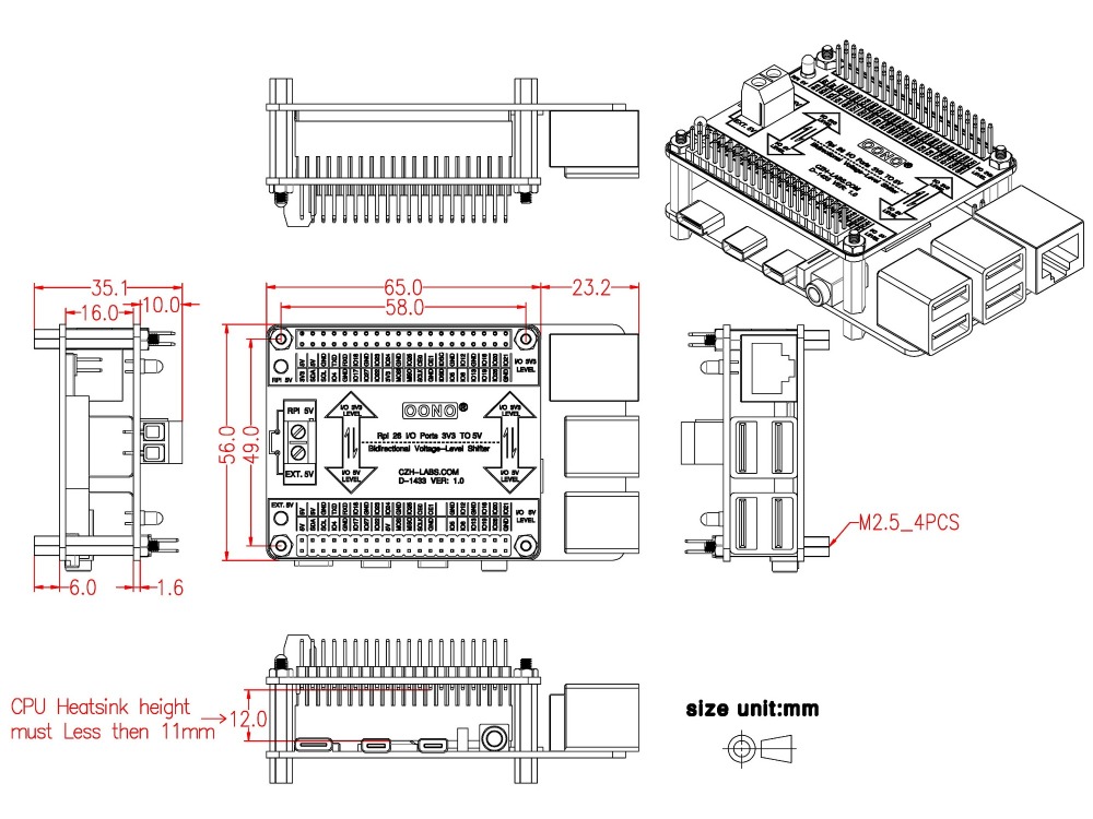RPi 3.3V to 5V 26 I/O Bidirectional Voltage-Level Shifter Module for Raspberry Pi, Logic Level Converter