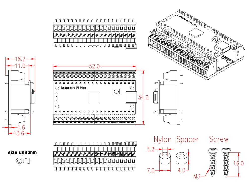 Ultra-small RPi Pico Terminal Block Breakout Board Module, for Raspberry Pi Pico