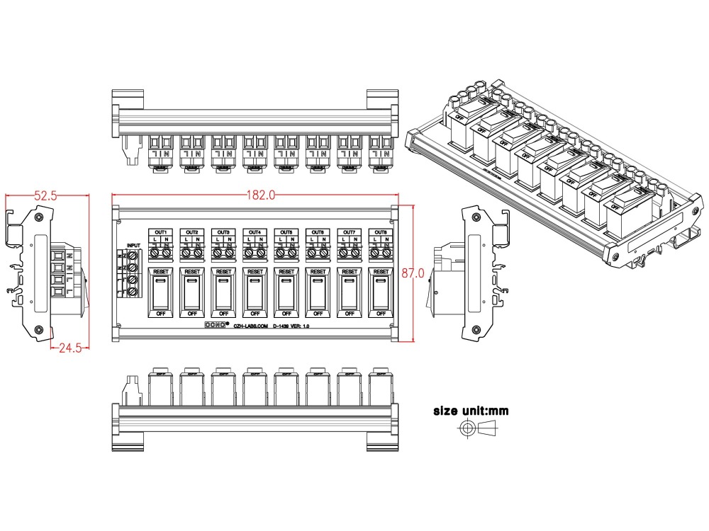 Rocker Switch Thermal Circuit Breaker Overload Protector 8 Channel Power Distribution Module DIN Rail Mount