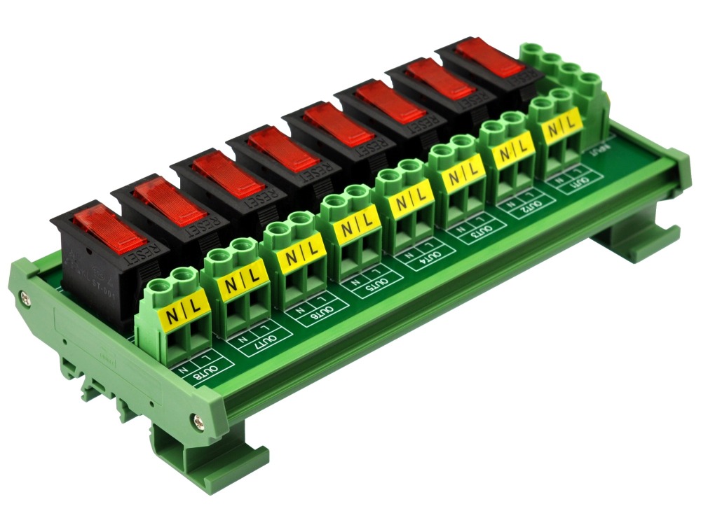 Rocker Switch Thermal Circuit Breaker Overload Protector 8 Channel Power Distribution Module DIN Rail Mount