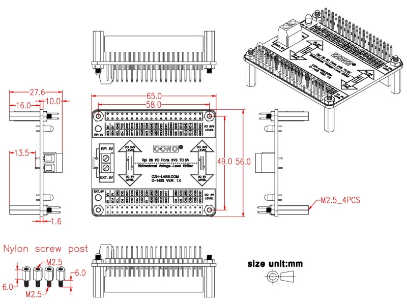 RPi 3.3V to 5V 26 I/O Bidirectional Voltage-Level Shifter Module for Raspberry Pi, Logic Level Converter