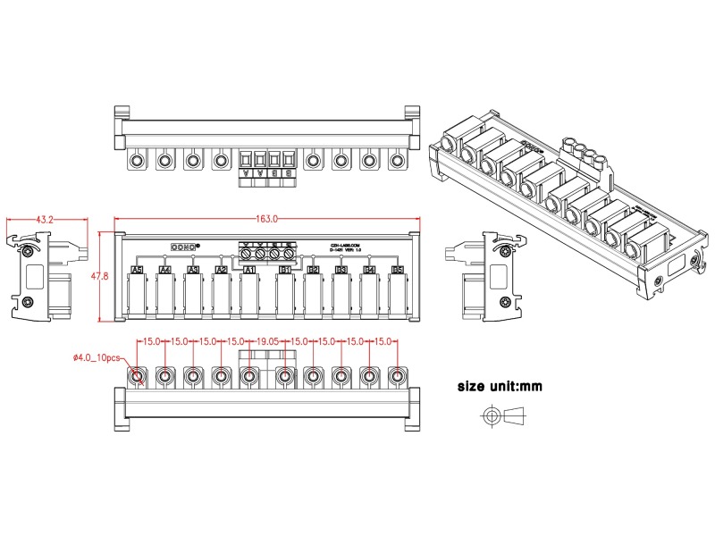 DIN Rail Mount 2 x 5 Position Banana Jack Distribution Module, DC Power Strip Horizontal