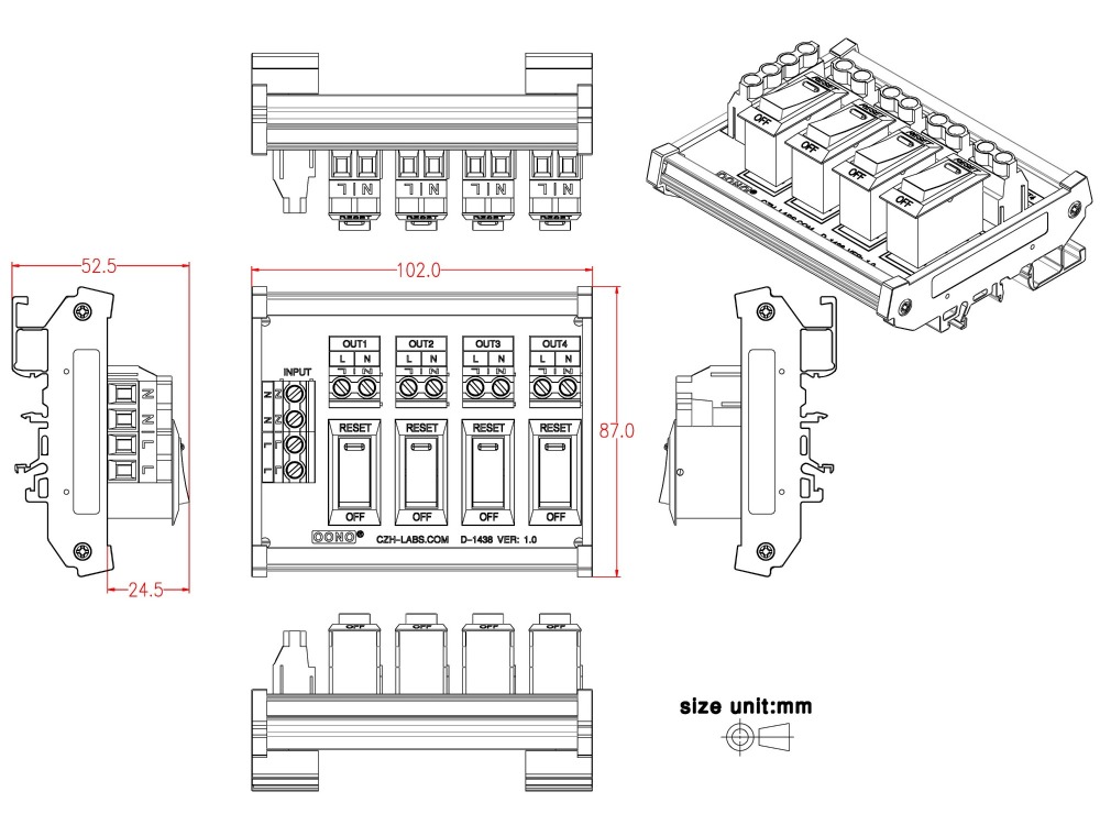 Rocker Switch Thermal Circuit Breaker Overload Protector 4 Channel Power Distribution Module DIN Rail Mount