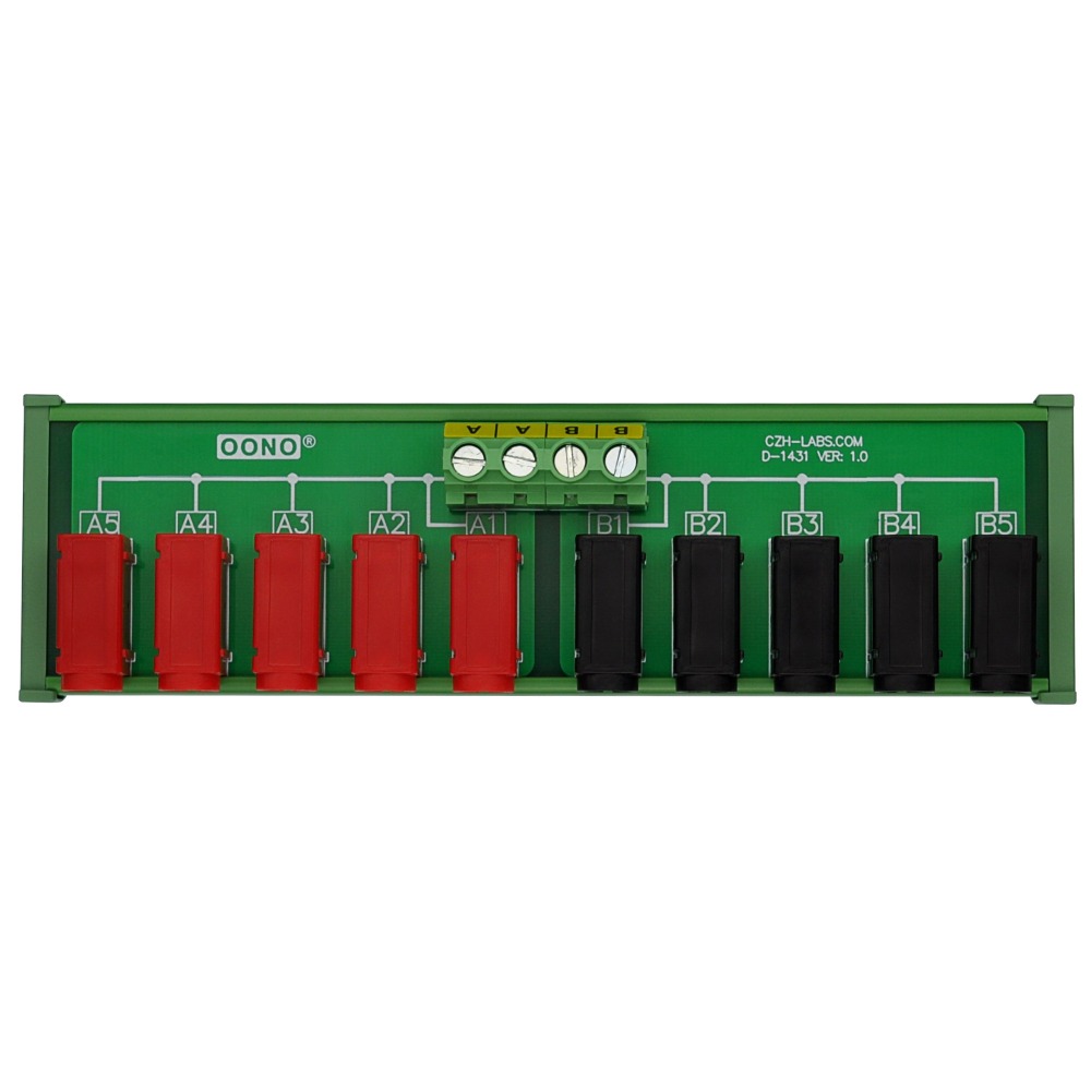 DIN Rail Mount 2 x 5 Position Banana Jack Distribution Module, DC Power Strip Horizontal