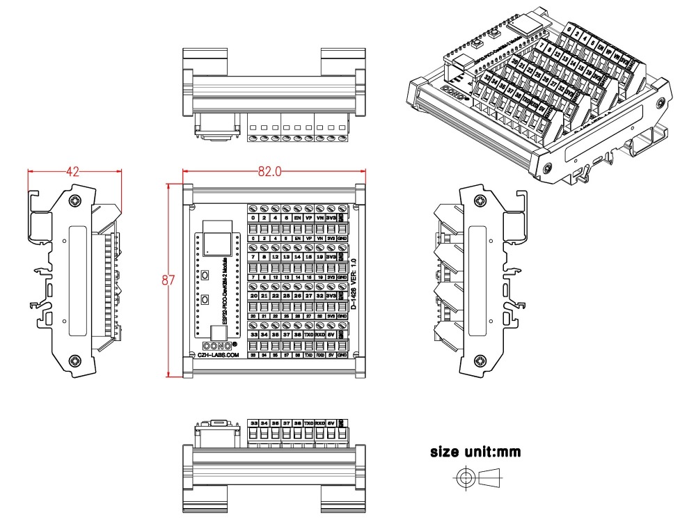 DIN Rail Mount Screw Terminal Block Breakout Module Board for ESP32-PICO-DevKitM-2