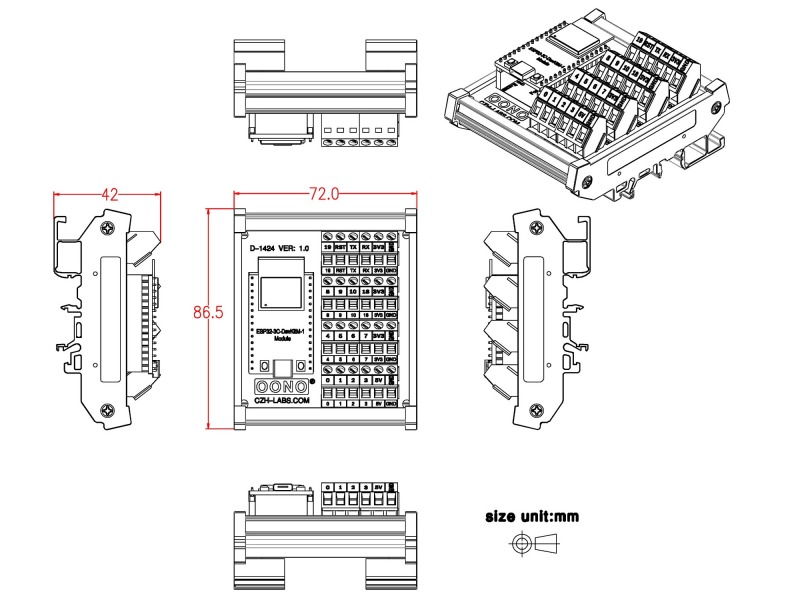 DIN Rail Mount Screw Terminal Block Breakout Module Board for ESP32-C3-DevKitM-1