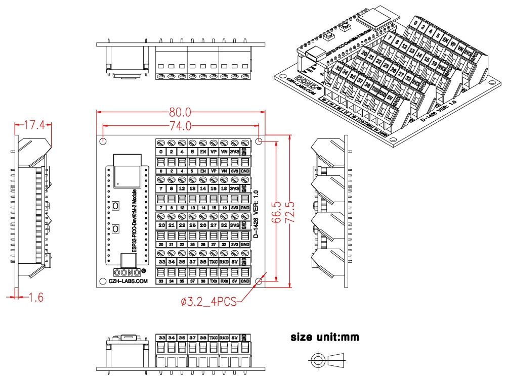 Screw Terminal Block Breakout Module Board for ESP32-PICO-DevKitM-2
