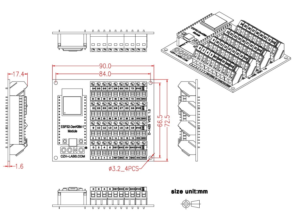 Screw Terminal Block Breakout Module Board for ESP32-DevKitM-1