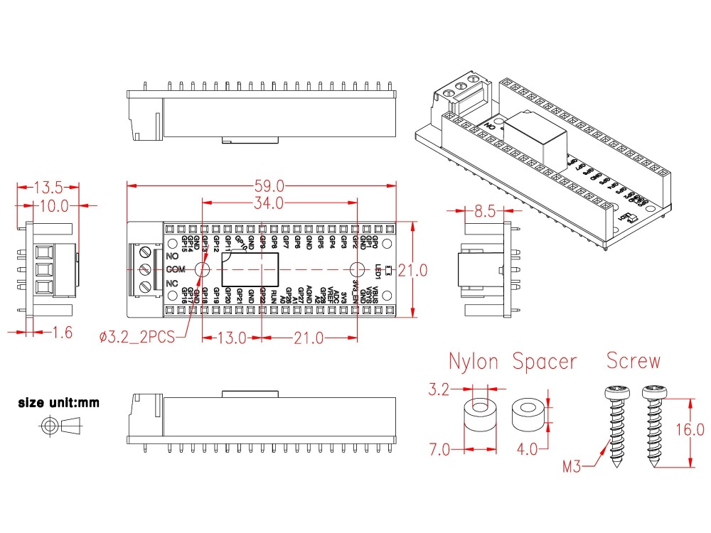 Signal Relay Module for Raspberry Pi Pico, SPDT 2Amp 120V / 24V