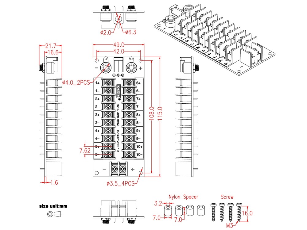 20 Amp 2x10 Position Barrier Terminal Block Distribution Module for AC DC