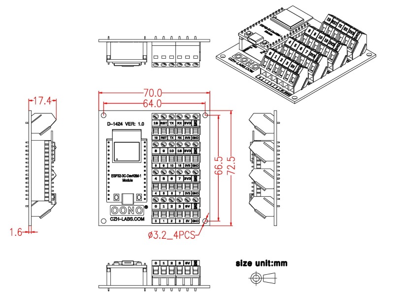 Screw Terminal Block Breakout Module Board for ESP32-C3-DevKitM-1