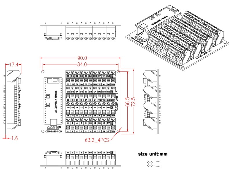 Screw Terminal Block Breakout Module Board for ESP32-PICO-KIT