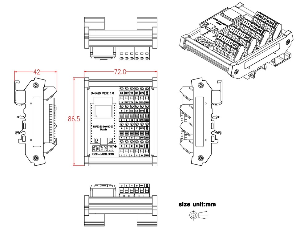 DIN Rail Mount Screw Terminal Block Breakout Module Board for ESP32-C3-DevKitC-02