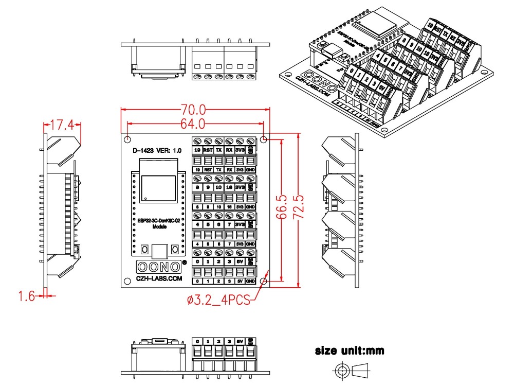 Screw Terminal Block Breakout Module Board for ESP32-C3-DevKitC-02