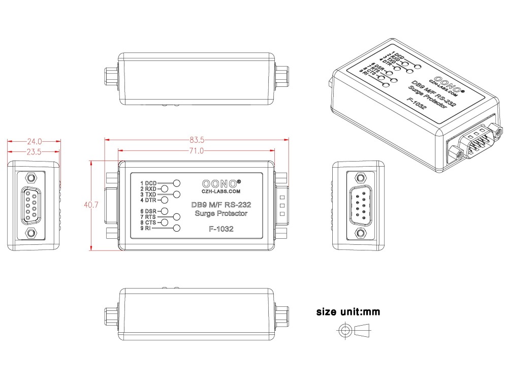 RS232 DB9M/F Surge Protector with Signal LED Monitor.