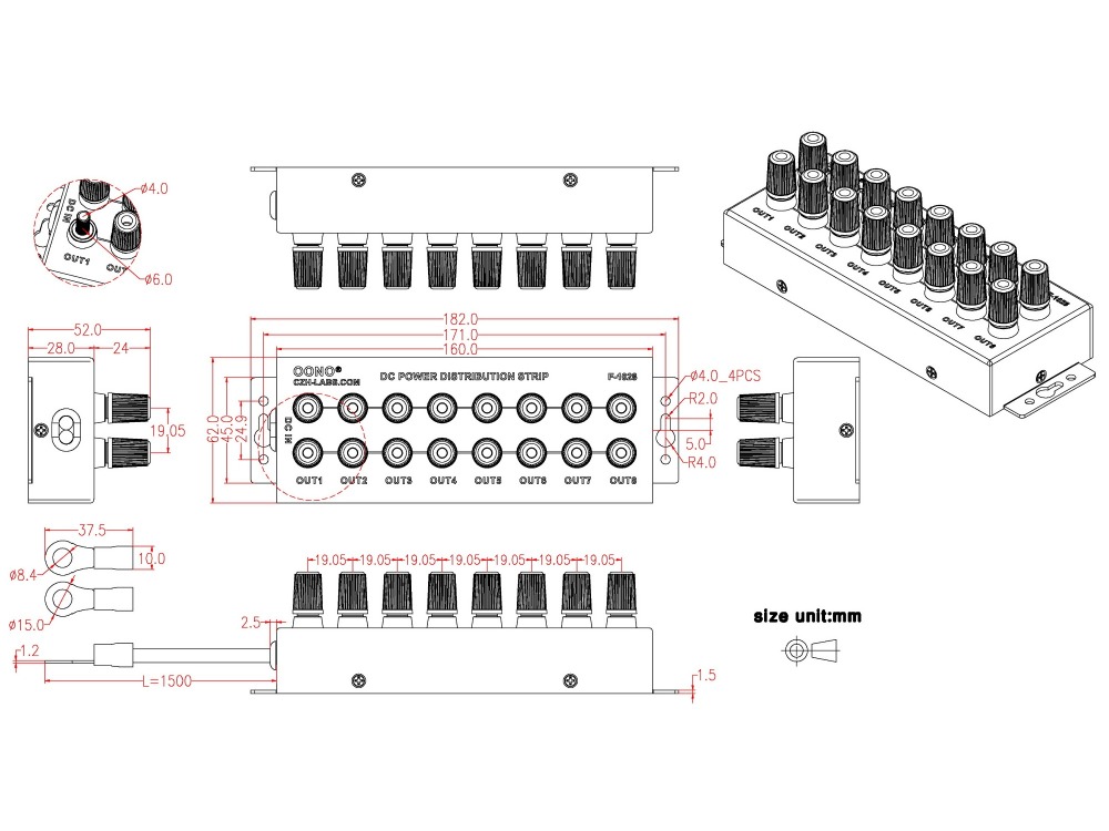 F-1028 Wired Banana Jack 8 Outlet DC Power Distribution Strip Box