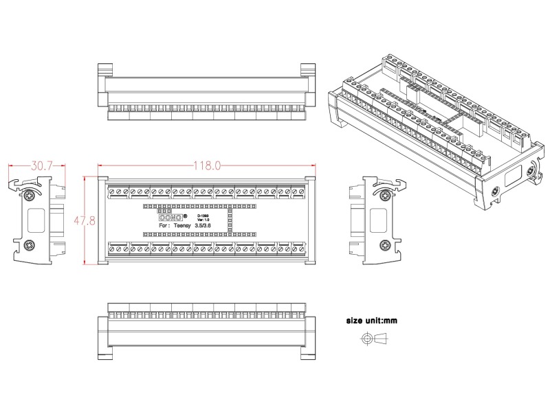 Terminal Block Breakout Board Module for Teensy 3.5/3.6, DIN Rail Mount Version