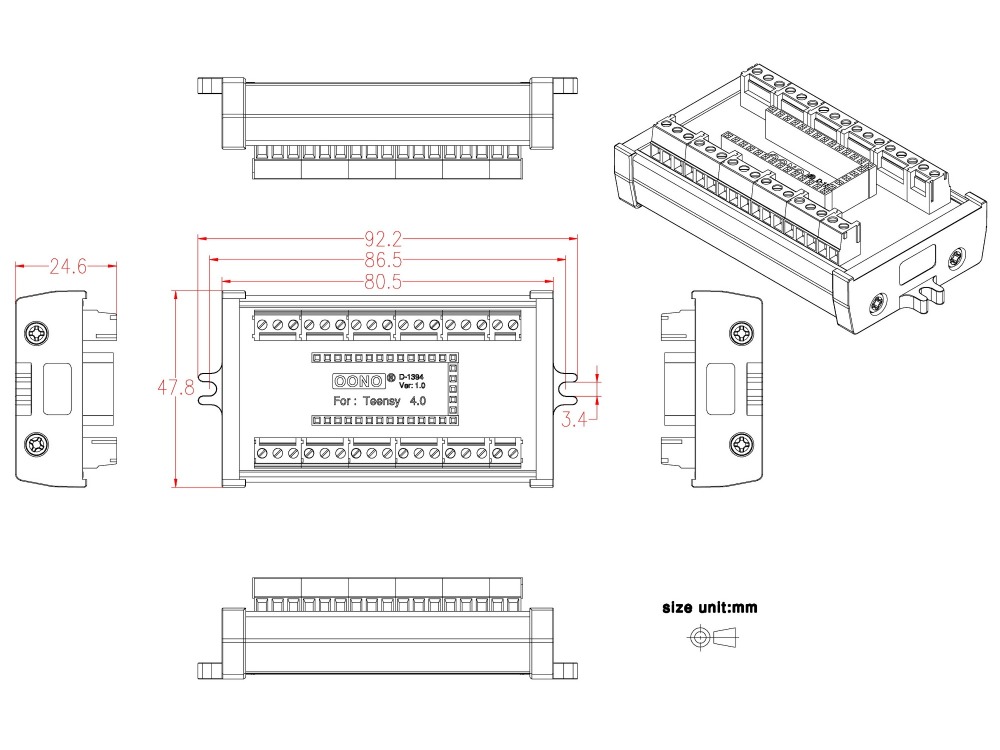 Terminal Block Breakout Board Module for Teensy 4.0, Screw Mount Version