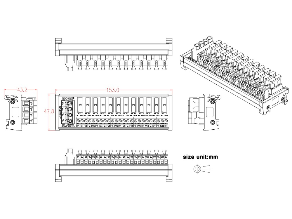 DIN Rail Mount 12 Position DC Power Fuse Distribution Strip Module