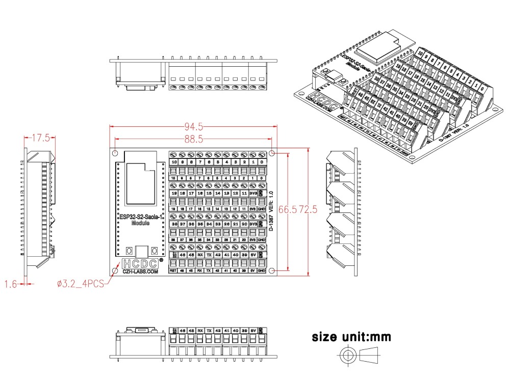 Screw Terminal Block Breakout Module Board for ESP32-S2-Saola-1