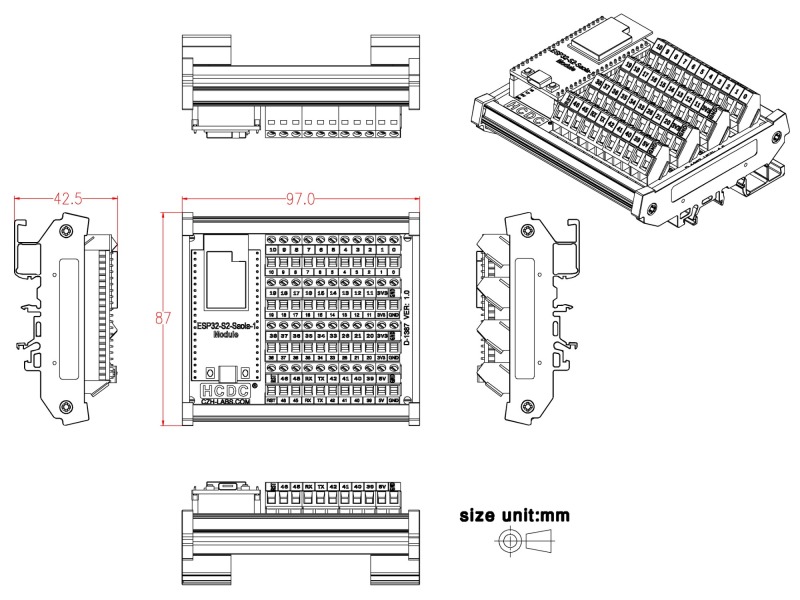 DIN Rail Mount Screw Terminal Block Breakout Module Board for ESP32-S2-Saola-1