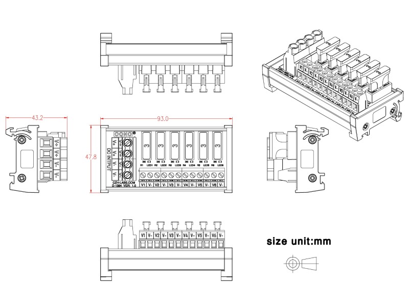 DIN Rail Mount 6 Position DC Power Fuse Distribution Strip Module