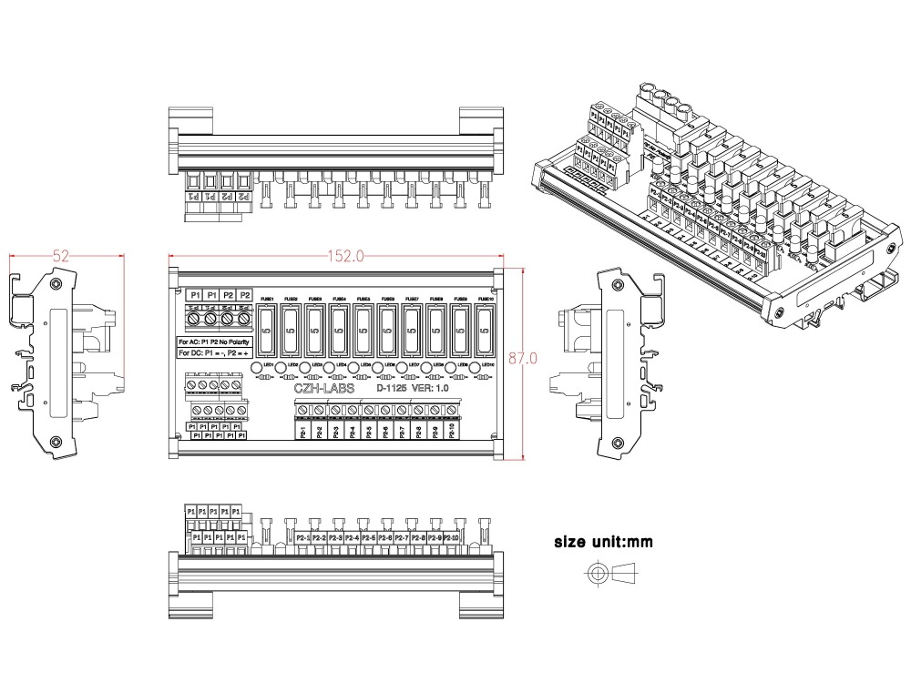 CZH-LABS DIN Rail Mount AC/DC 5~32V 10 Position Power Distribution Fuse Module Board.