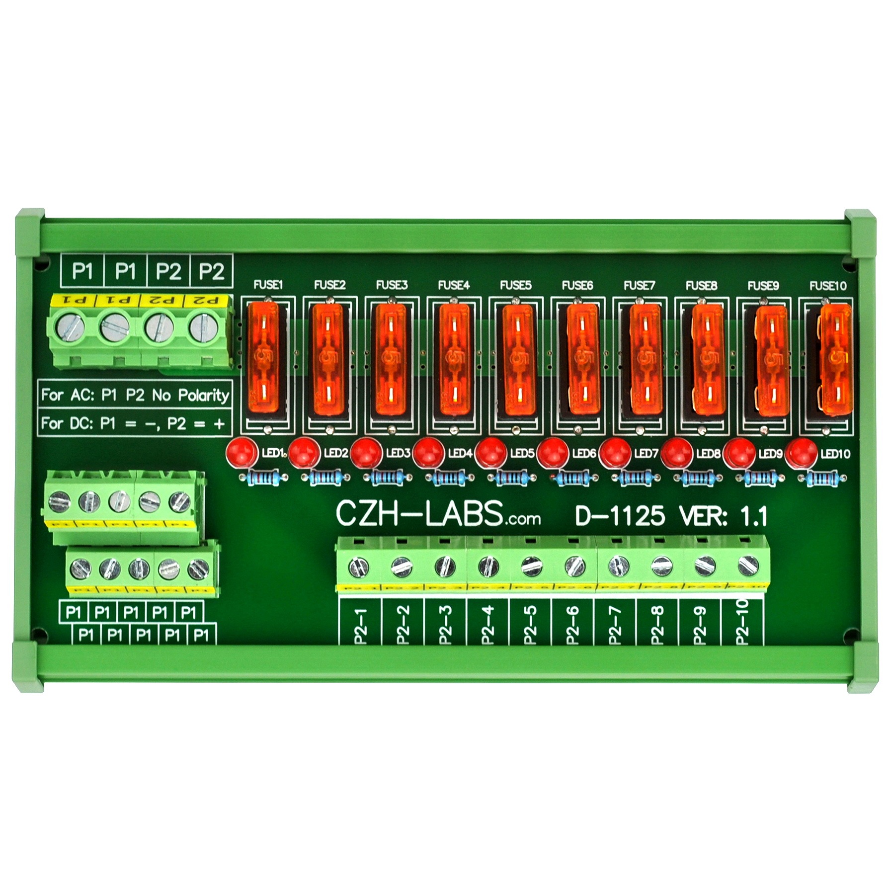 CZH-LABS DIN Rail Mount AC/DC 5~32V 10 Position Power Distribution Fuse Module Board.