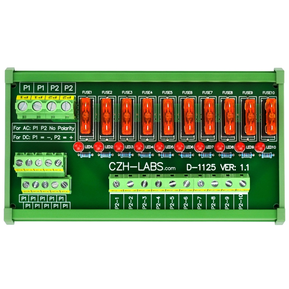 CZH-LABS DIN Rail Mount AC/DC 5~32V 10 Position Power Distribution Fuse Module Board.