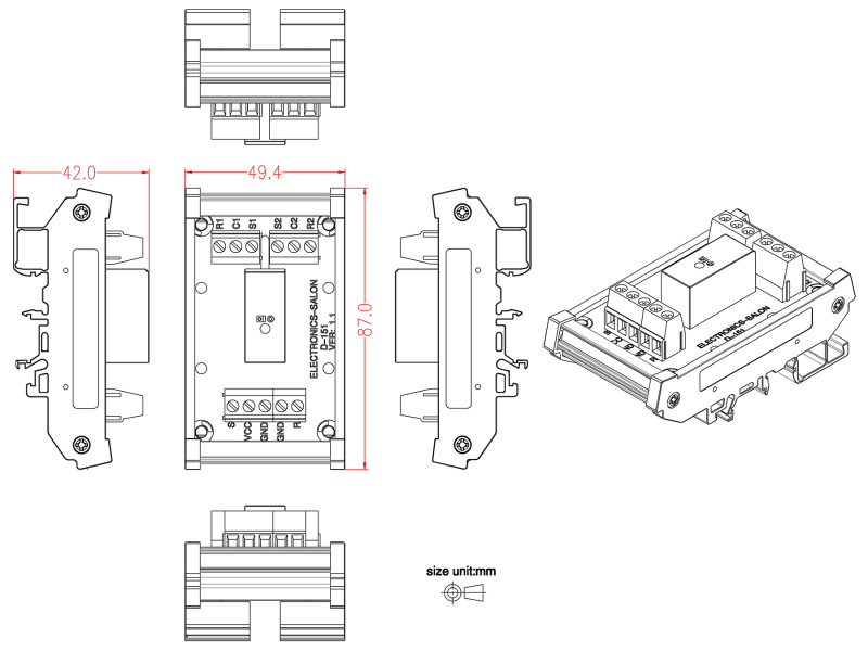 ELECTRONICS-SALON Bistable DPDT 8 Amp Relay Module, DC12V Coil, with DIN Rail Carrier Housing