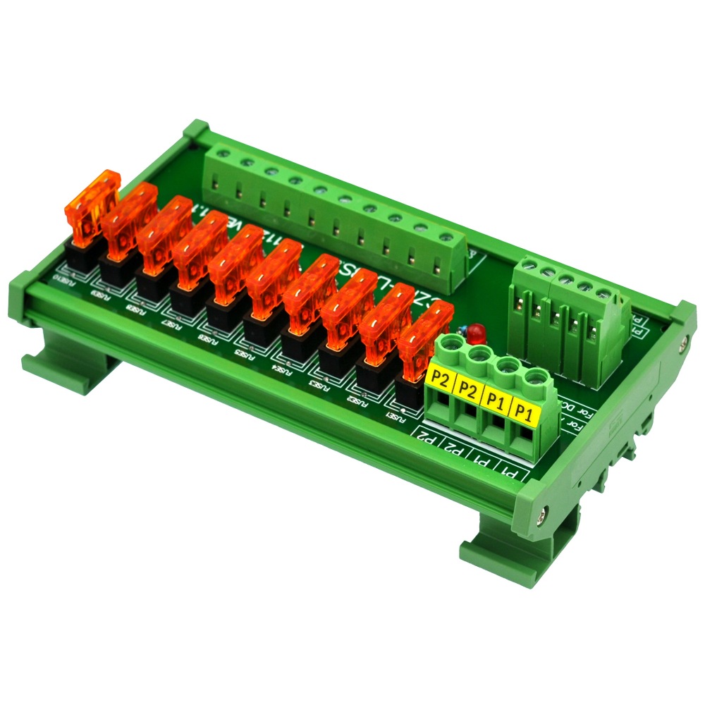 CZH-LABS DIN Rail Mount AC/DC 5~32V 10 Position Power Distribution Fuse Module Board.