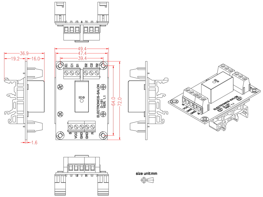ELECTRONICS-SALON Bistable/Latching DPDT 8 Amp Power Relay Module, DC12V Coil, with DIN Rail Feet