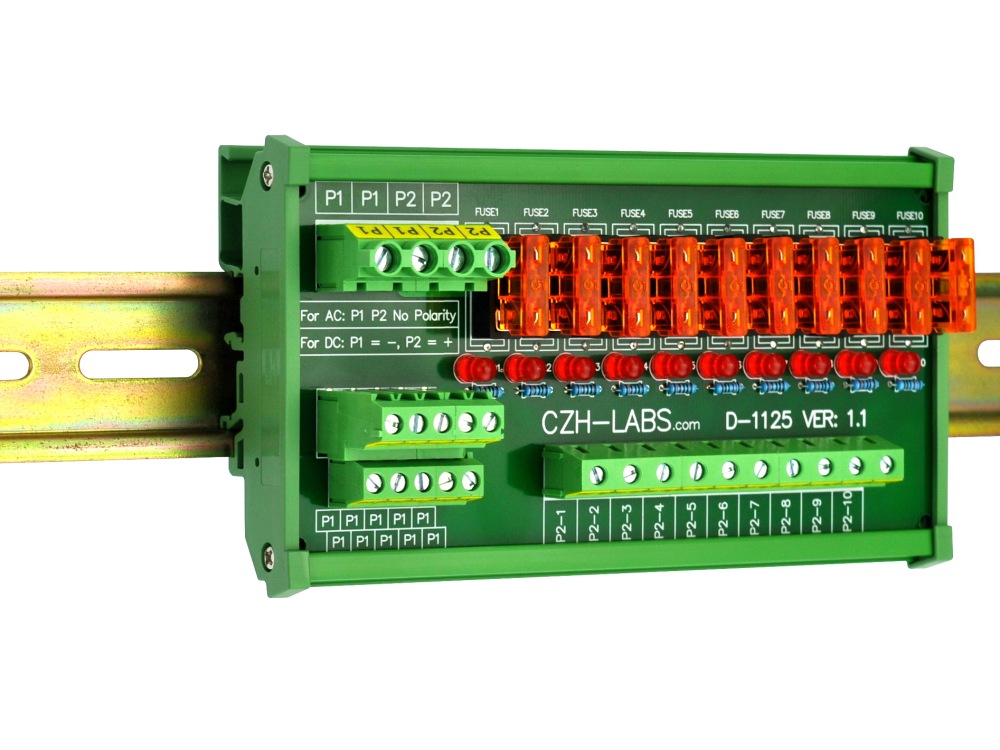CZH-LABS DIN Rail Mount AC/DC 5~32V 10 Position Power Distribution Fuse Module Board.