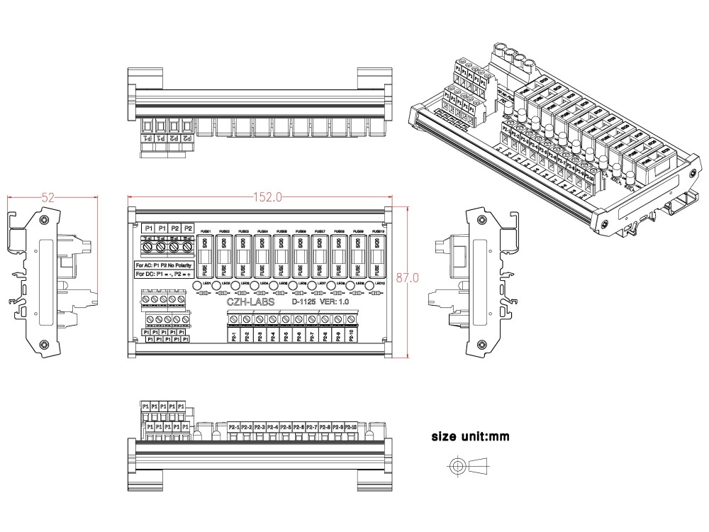 CZH-LABS DIN Rail Mount AC/DC 5~48V 10 Position Power Distribution Fuse Module Board.