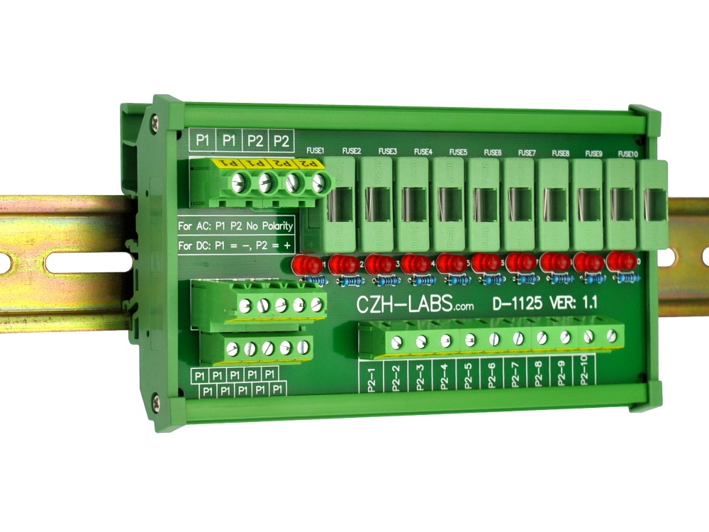 CZH-LABS DIN Rail Mount 80~140VAC 10 Position Power Distribution Fuse Module Board.