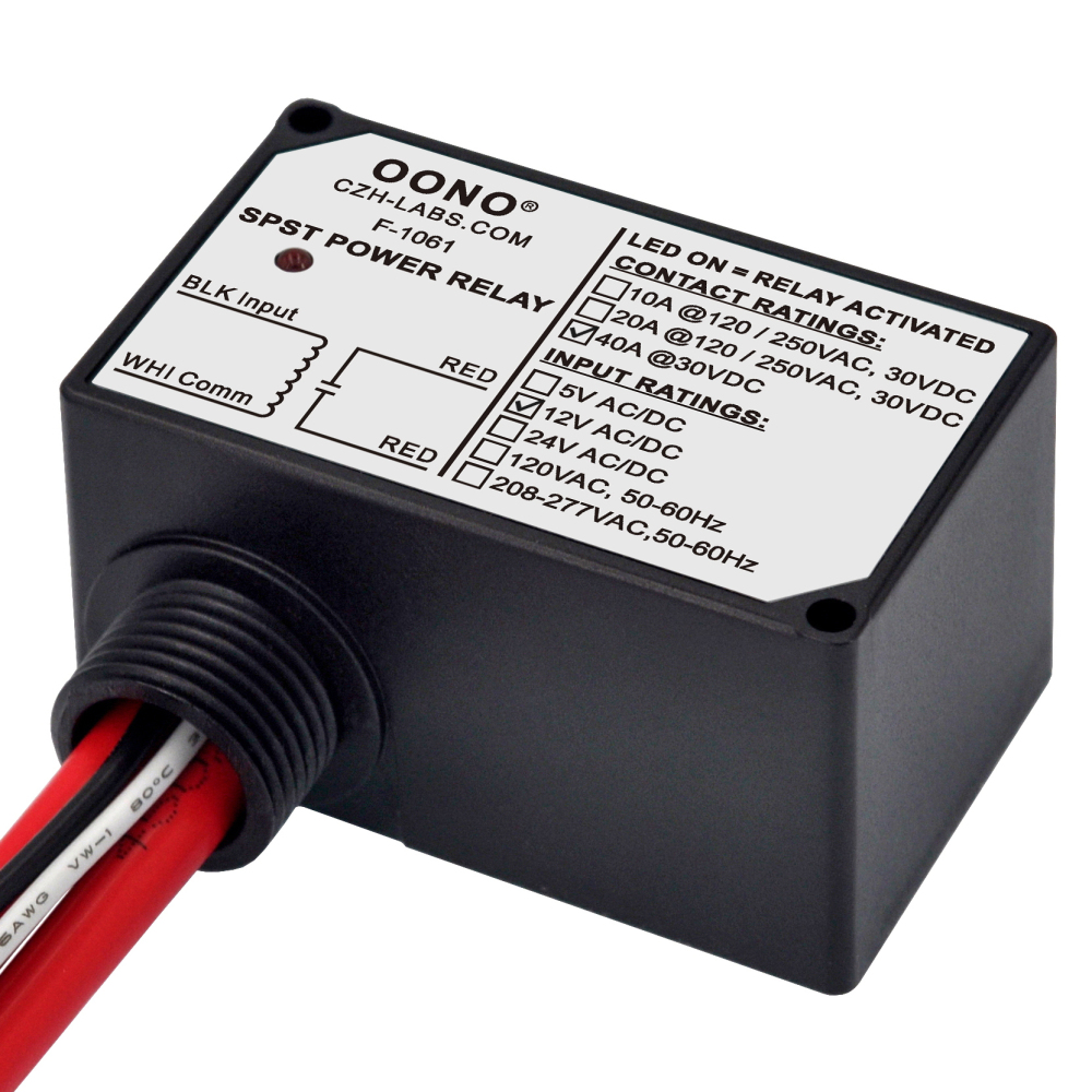 AC/DC 12V SPST Power Relay Module, 40Amp 30Vdc, Plastic Enclosure and Pre-wired, OONO F-1061