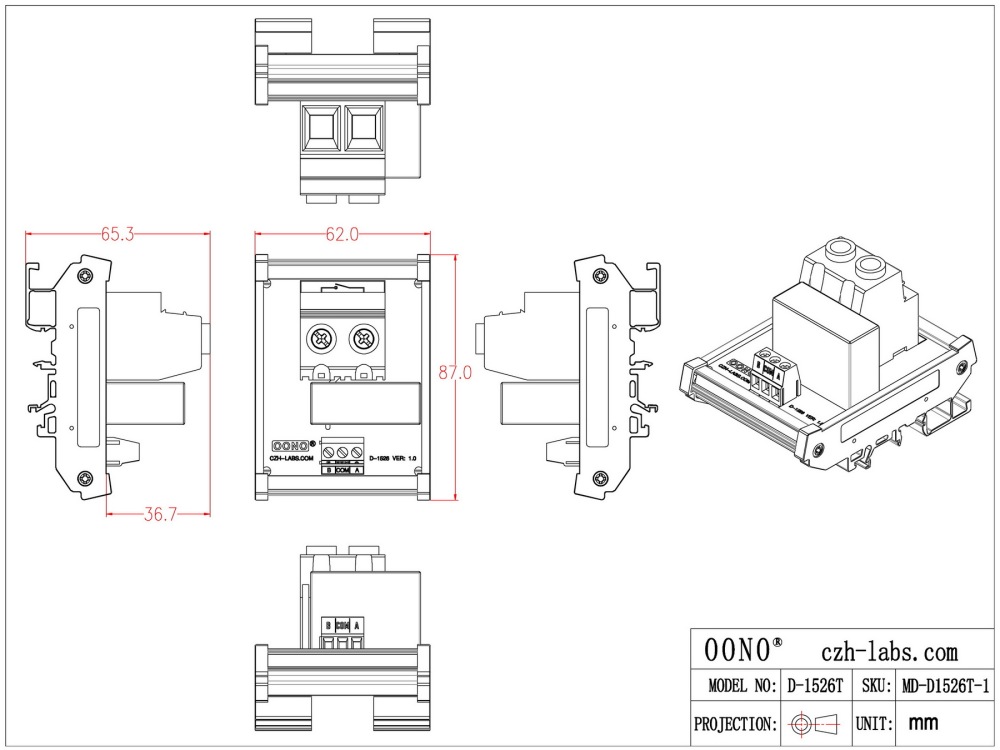 Passive 12V SPST 90Amp 277VAC/60VDC Latching Relay Module, DIN Rail Mount, OONO D-1526T