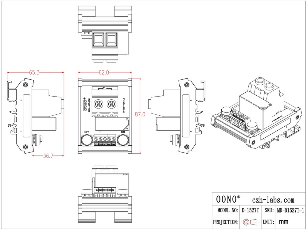 DC12V SPST 90Amp 277VAC/60VDC Latching Relay Module, DIN Rail Mount, OONO D-1527T