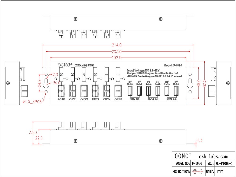 40Amp DC Power Splitter Distribution Module, 5 Powerpole Ports and 6 USB Ports Output, OONO F-1066