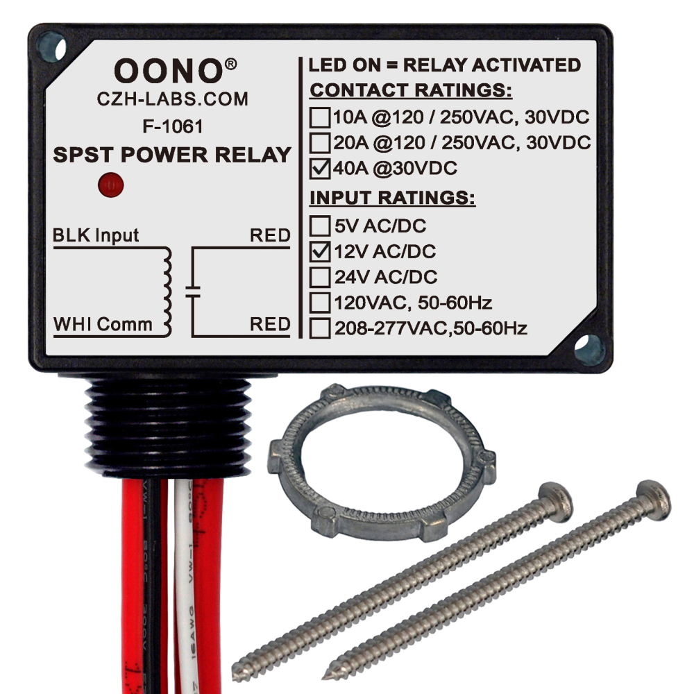 AC/DC 12V SPST Power Relay Module, 40Amp 30Vdc, Plastic Enclosure and Pre-wired, OONO F-1061
