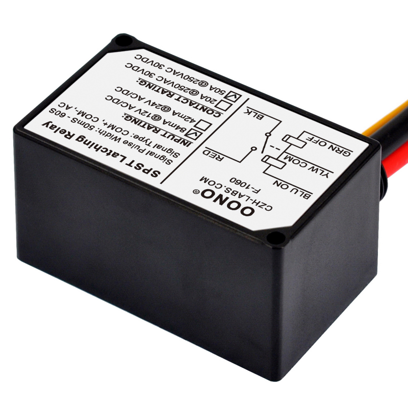 AC/DC 12V SPST Latching Relay Module, 50Amp 250Vac/30Vdc, Plastic Enclosure Wired, OONO F-1060