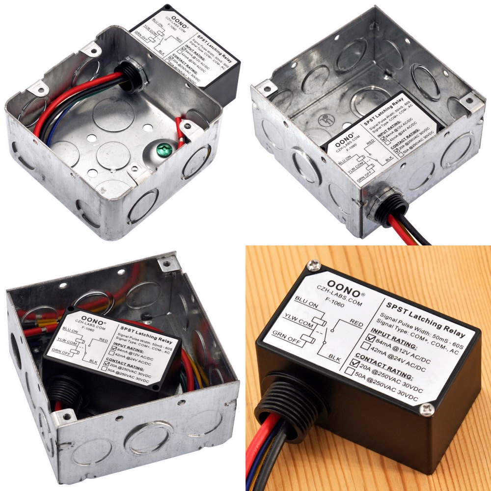 AC/DC 12V SPST Latching Relay Module, 20Amp 250Vac/30Vdc, Plastic Enclosure Wired, OONO F-1060