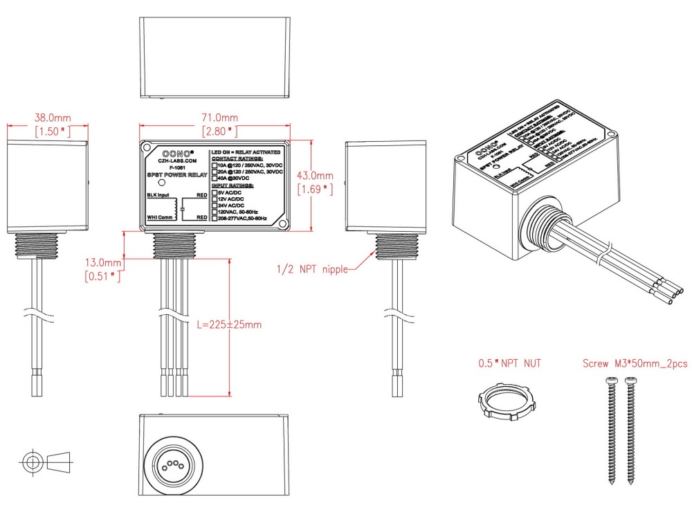 AC/DC 12V SPST Power Relay Module, 10Amp 250Vac/30Vdc, Plastic Enclosure and Pre-wired, OONO F-1061