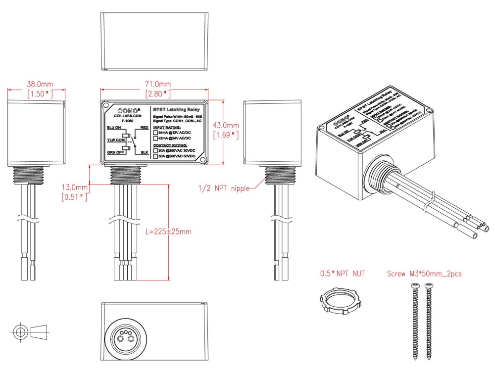 AC/DC 12V SPST Latching Relay Module, 20Amp 250Vac/30Vdc, Plastic Enclosure Wired, OONO F-1060