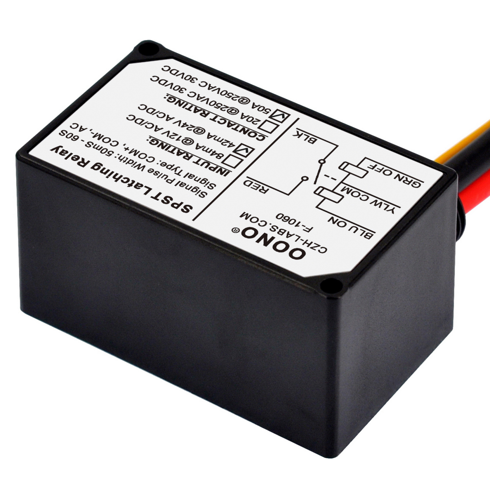 AC/DC 24V SPST Latching Relay Module, 50Amp 250Vac/30Vdc, Plastic Enclosure Wired, OONO F-1060