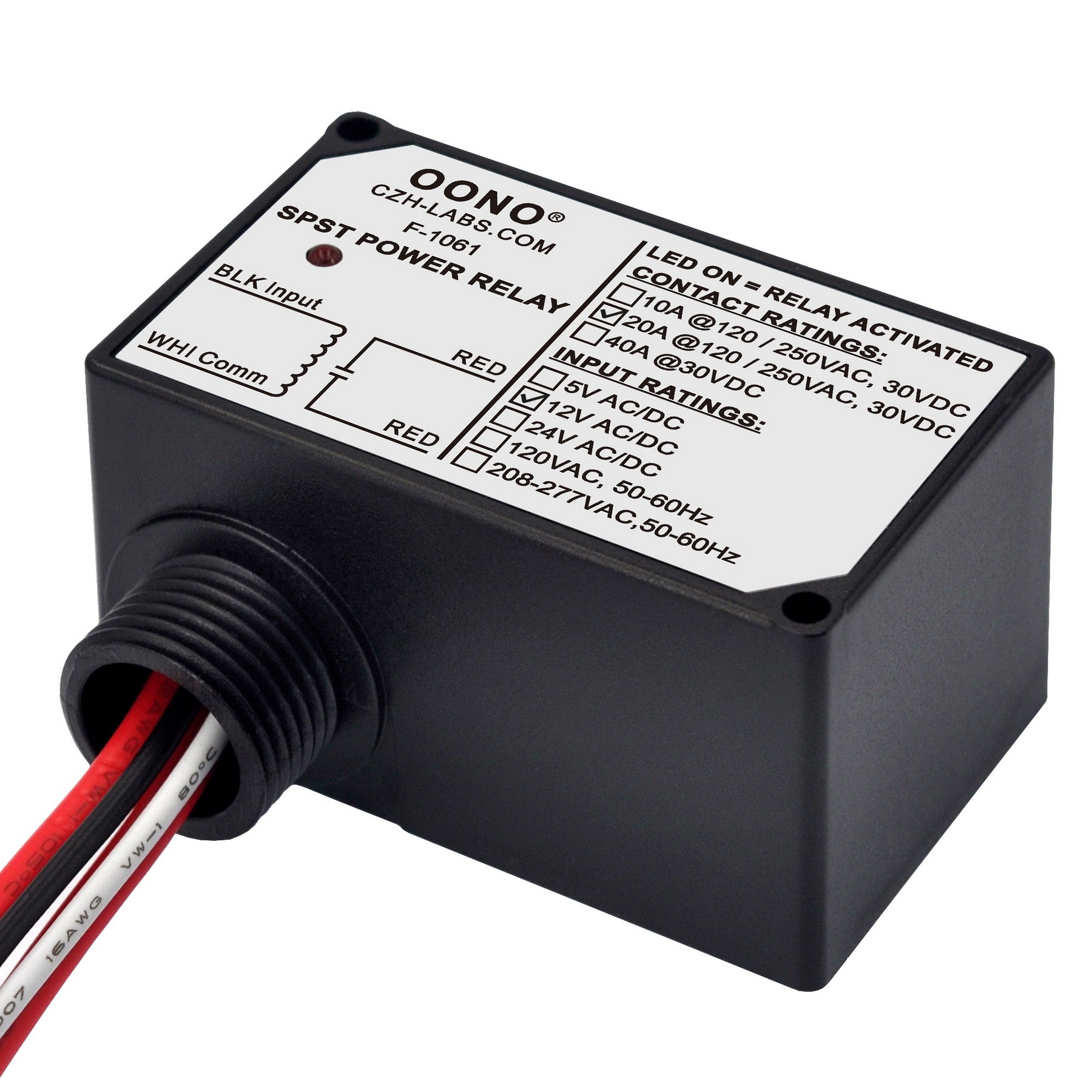 AC/DC 12V SPST Power Relay Module, 20Amp 250Vac/30Vdc, Plastic Enclosure and Pre-wired, OONO F-1061