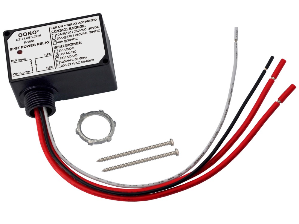 AC/DC 12V SPST Power Relay Module, 20Amp 250Vac/30Vdc, Plastic Enclosure and Pre-wired, OONO F-1061