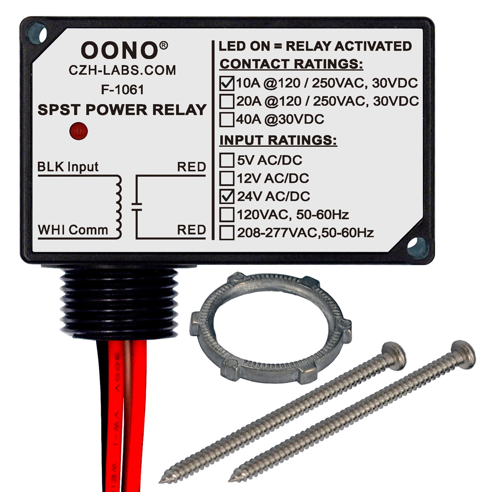 AC/DC 24V SPST Power Relay Module, 10Amp 250Vac/30Vdc, Plastic ...